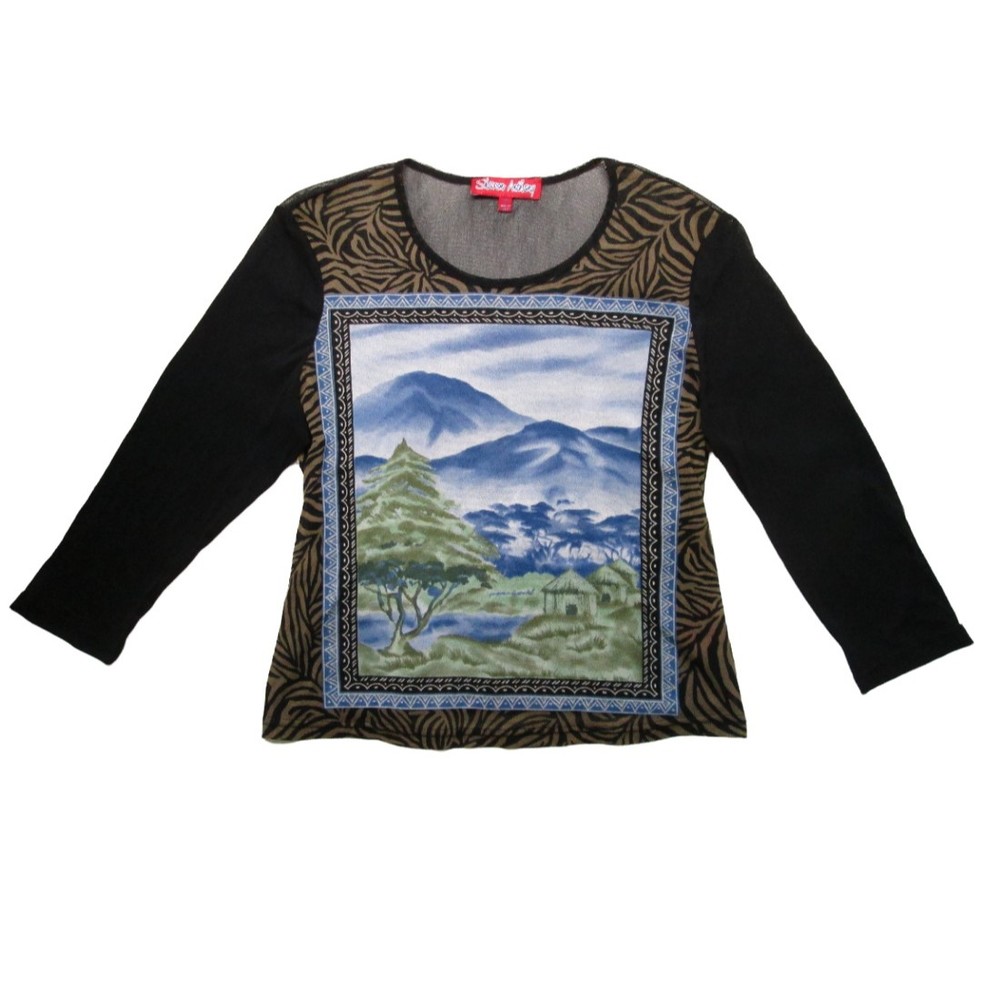 Womens Sheer Mesh Top Medium Black Tiger Stripe Landscape Nylon Sharon Anthony
